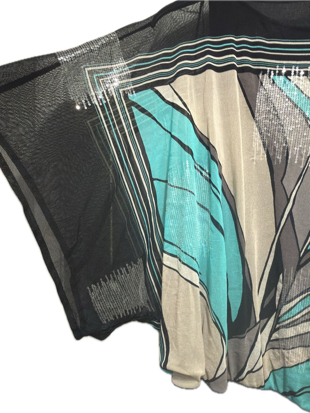 Alfani Teal, Beige and Black Abstract Print Sheer-Dolman Sleeve Tunic - Picture 3 of 5